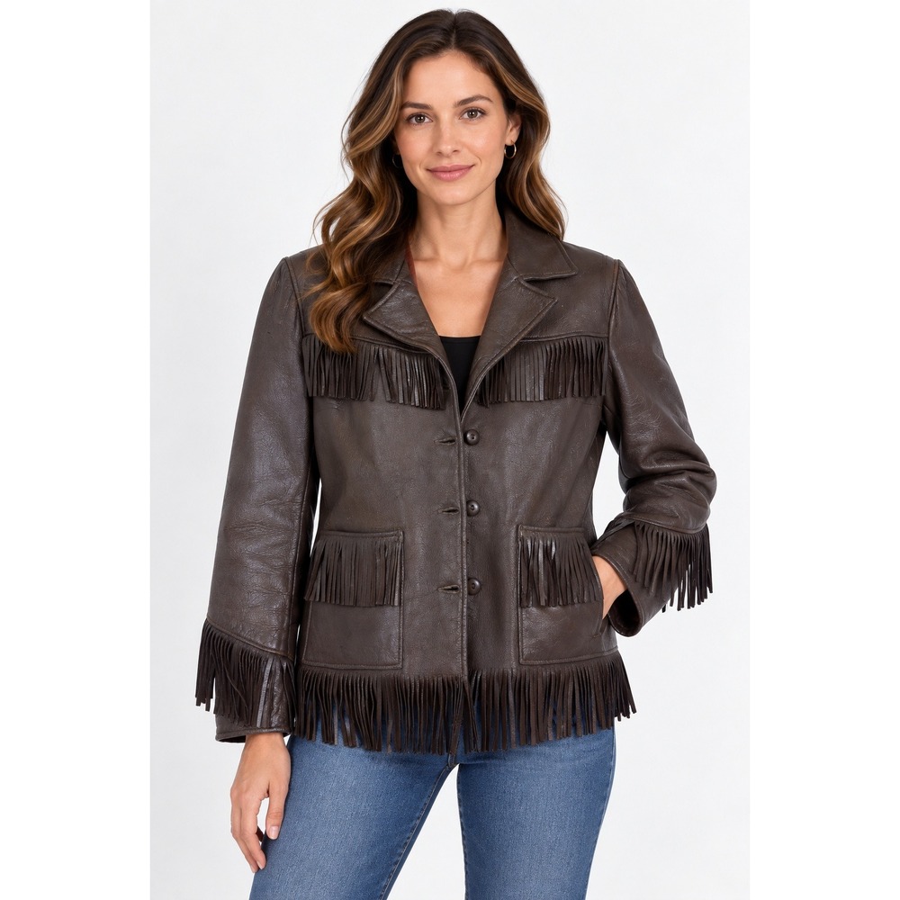 Vintage Womens Brown Leather Fringe Western Jacket Cowgirl Boho Coat
